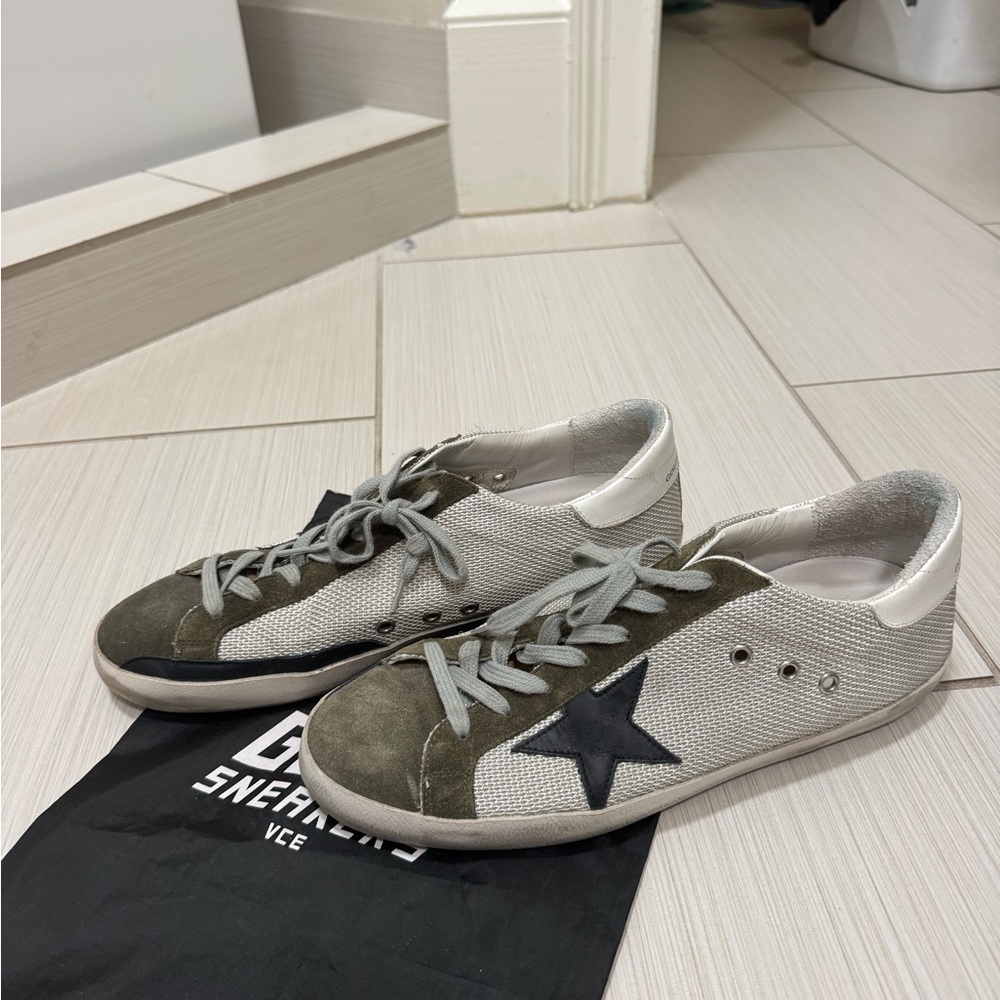 Golden Goose Olive and White SuperStar Sneakers